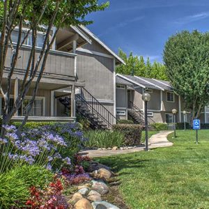 Community landscape and apartment buildings