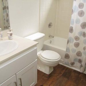 Model unit bathroom decorated in a modern style