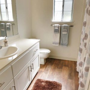 Model unit bathroom decorated in a modern style